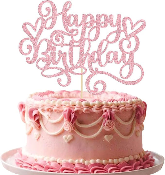 Gyufise 1Pcs Happy Birthday Cake Topper Glitter Cake Pick for Celebrating Anniversary Party Cake Decorations Supplies Pink