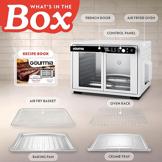 Gourmia French Door Air Fryer Oven - 37 Qt Large Capacity Convection Toaster Oven, FryForce 360°, Digital Display, 12 Cooking Presets, Dehydrate, Fits 13” Pizza, Dishwasher-Safe, White