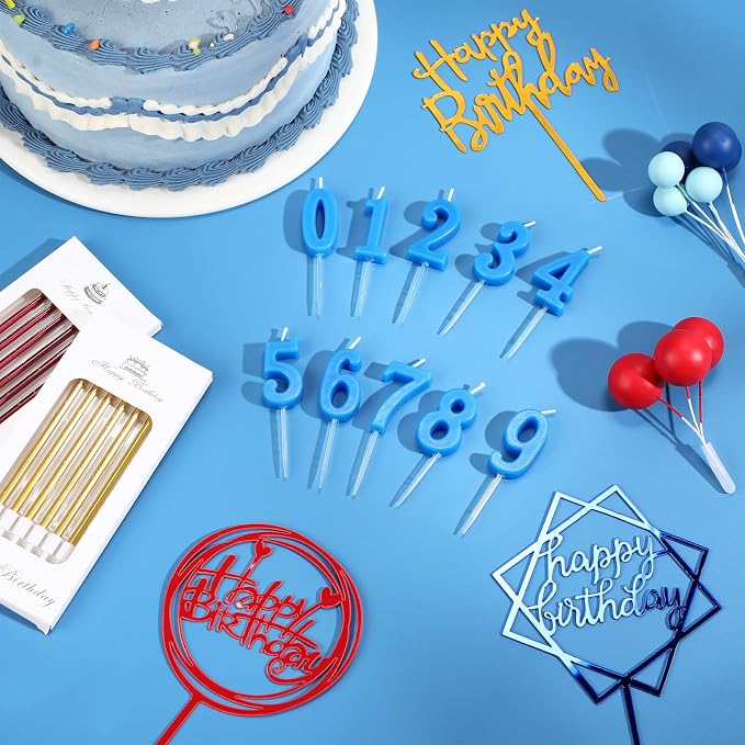 Yerliker 34 Pcs Happy Birthday Cake Toppers Decorations Birthday Candles DIY Cake Decor for Men Women Wedding Anniversary(Blue Red)