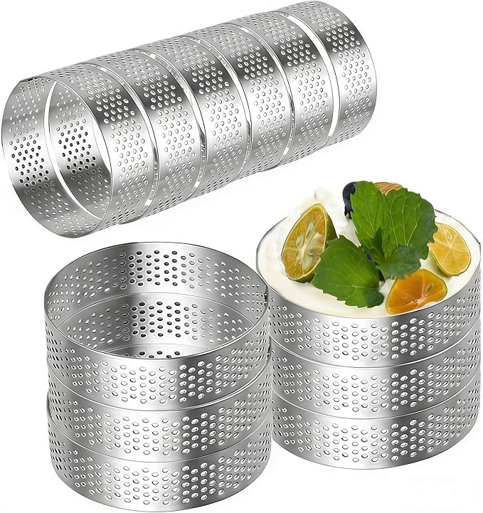 DATANYA 12Pack Tart Rings Perforated Tart Ring, Stainless Steel Cake Rings 4 Inch Round Mousse Ring Molds for Baking Cooking Dessert, small fruit tartet crust