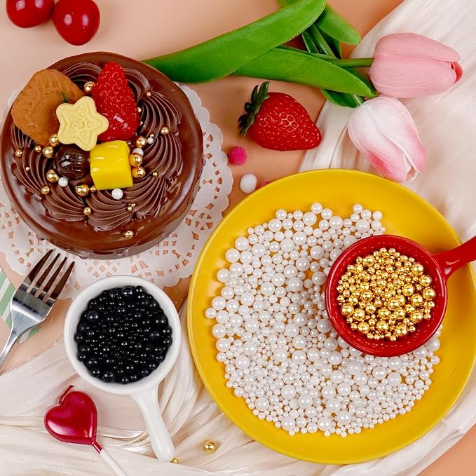 Edible Pearls, Sprinkles for Cake Decorating, Gold Silver White and Black Pearl Sprinkles, Edible Cake Decorations, Cupcake Toppers, Ice Cream Toppings, 110g/3.88oz