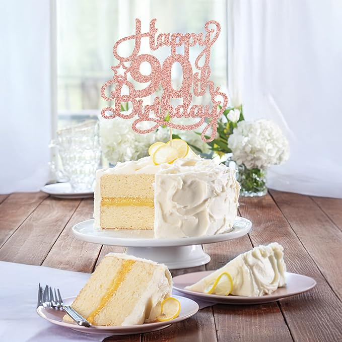 1 Pack Happy 90th Birthday Cake Topper Rose Gold Glitter 90 & Fabulous Cheers to 90 Years Old Birthday Cake Pick for Celebrating 90th Birthday Anniversary Party Cake Decorations Supplies