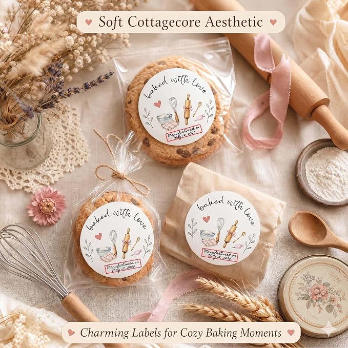 120 x Baked with Love Write On Bakery Stickers for Cookie Bags, Sourdough Bread, Jam Jars & Homemade Gifts, Writable Baking Labels for Home Bakers, Farmers Market & Small Business Packaging 2''