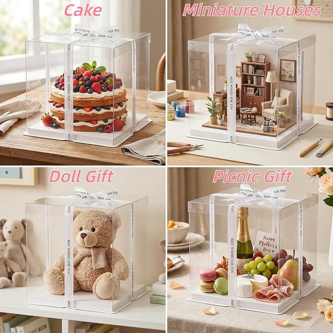 Cididu 6 Pcs Clear Cake Box with Ribbon 2-Layer 10x10x10 Inch, Transparent Cake Carrier Box with Lids, PET Tall Cake Packaging Boxes, Clear Gift Boxes for Mother's Day Birthday Wedding Festival Party