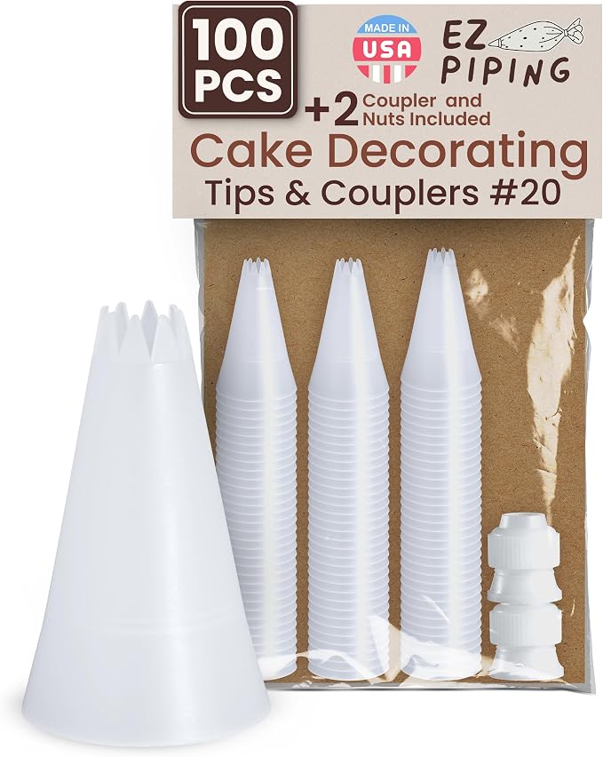 Reusable Plastic Piping Tips Standard Size Star Tip #20 100 Pack with 2 Couplers Star Tip Icing Nozzle for Cake Decoration, Dessert, Baking Supplies and Piping Bags Base Ø 0.75"Height 1.25"
