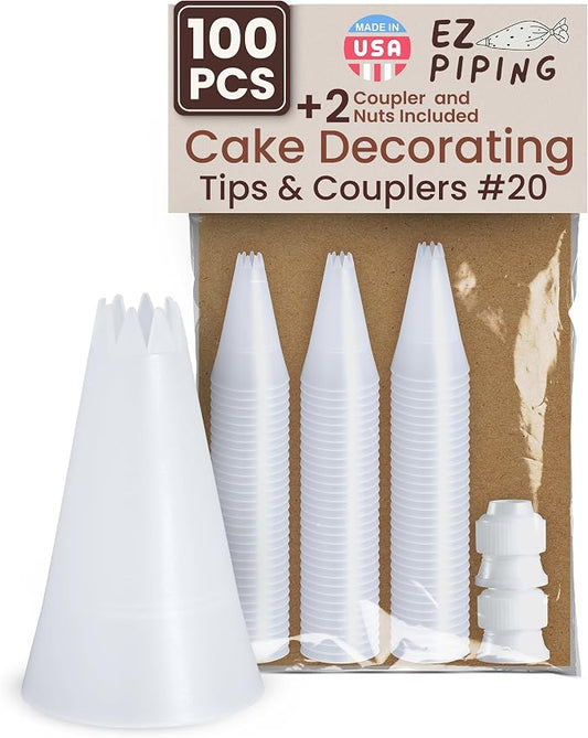Reusable Plastic Piping Tips Standard Size Star Tip #20 100 Pack with 2 Couplers Star Tip Icing Nozzle for Cake Decoration, Dessert, Baking Supplies and Piping Bags Base Ø 0.75"Height 1.25"