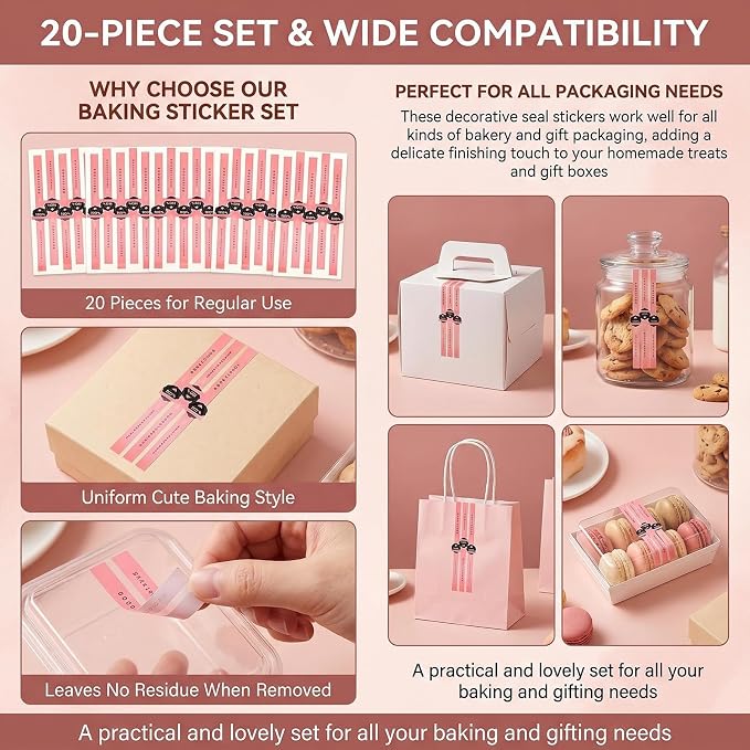 100Pcs Bakery Sealing Stickers Self Adhesive Food Package Seal Labels Long Strip Decorative Tamper Evident Stickers for Cake Box Pastry Handmade Baking Supplies