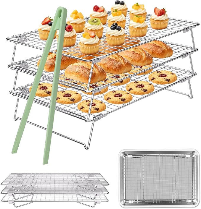 Cooling Rack 13.4"x9.3",3-Tier Stackable Stainless Steel Wire Cookie Cooling Racks for Baking,Collapsible Cooling Racks for Cooking and Baking Cookie Pizza Cake, Oven and Dishwasher Safe