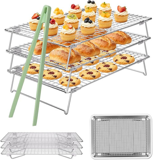 Cooling Rack 13.4"x9.3",3-Tier Stackable Stainless Steel Wire Cookie Cooling Racks for Baking,Collapsible Cooling Racks for Cooking and Baking Cookie Pizza Cake, Oven and Dishwasher Safe