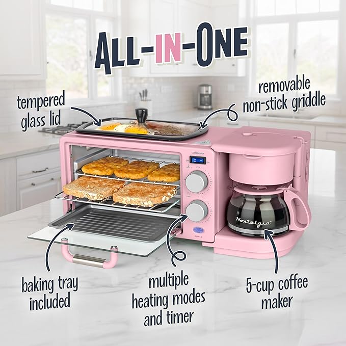 Nostalgia 3-in-1 Retro Breakfast Station - Includes 5 (4 Oz) Cup Coffee Maker, Non-Stick Ceramic Griddle, and 4-Slice Toaster Oven - Built-In Timer, Reusable Coffee Filter, Space-Saving Design - Pink