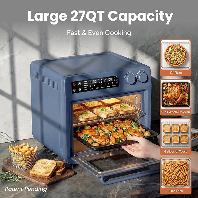 SMIRLY Digital Air Fryer Toaster Oven Combo, 25L Convection Countertop Oven, 10-in-1 Multi-Function Fits 12" Pizza & 6 Slices of Toast, Stainless Steel, Blue