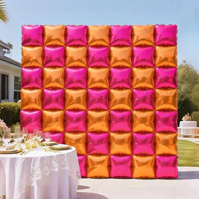 NISOCY 25PCS Rose Red and Orange Square Foil Balloons Wall Backdrop Double Sided Rose Red Orange Balloons Arch Kit for Birthday Baby Shower Valentine's Day Wedding Tropical Party Decorations