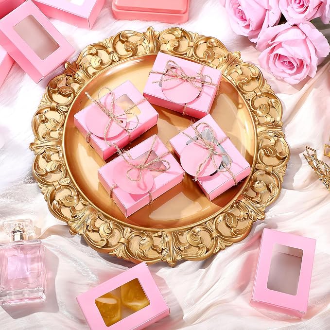 Zhanmai 100 Set Pink Small Soap Boxes for Homemade Soap, 3.35 x 2.36 x 1.2 Inch Paper Packaging Boxes with Window, with 100 Tag and Twine, Gift Wrapping Supplies for Bakery Candy Cookies Party Favors
