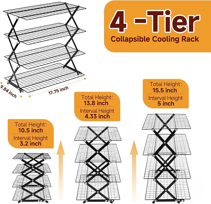4-Tier Collapsible Cooling Rack with Adjustable 3 Setting Design Cooling Racks for Cooking and Baking Stackable Roasting Cooking Drying Wire Cooling Rack Suitable for Baking Enthusiasts and Beginners