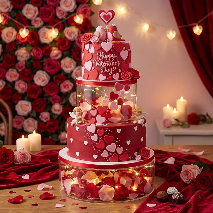 Sintuff 3 Pcs Acrylic Cake Stand with LED Lights 6'', 8'', 10'' Clear Fillable Cake Riser Round 3 Tier Case Box for Wedding Birthday Holiday Party Food Display, 3 Sizes
