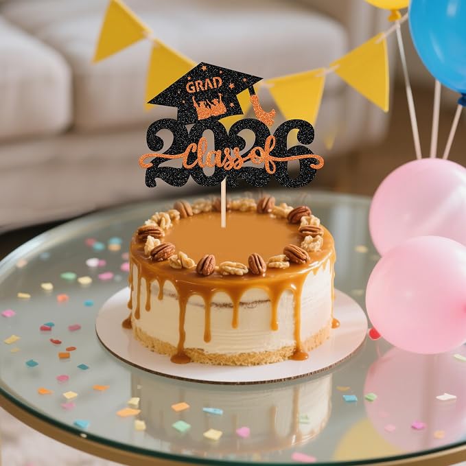 1 Pack Class of 2026 Cake Topper Glitter Congrats Grad Cap 2026 Graduation Cake Pick Decoration for 2026 Graduation Theme High School Graduate Party Cake Decorations Supplies Orange