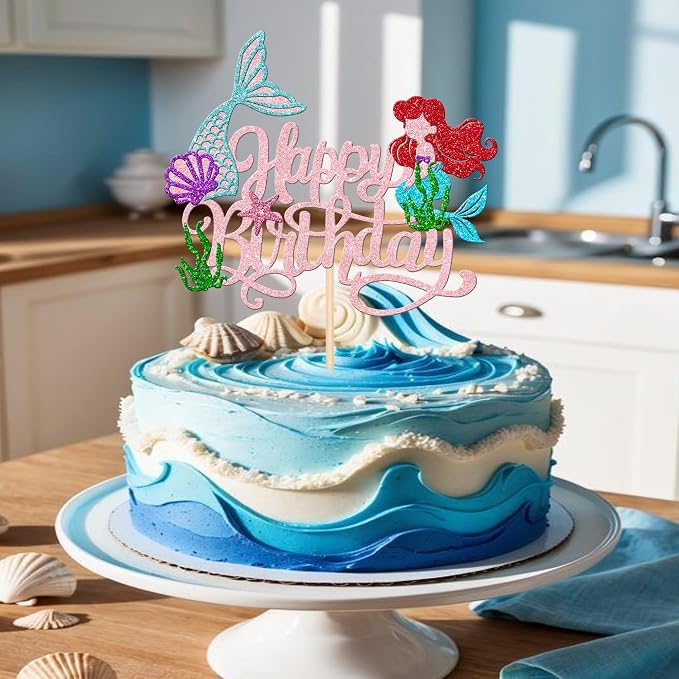 1 PCS Mermaid Cake Topper Glitter Mermaid Happy Birthday Cake Pick Starfish Seawood Seashells Mermaid Tail Cake Decoration for Under the Sea Theme Baby Shower Birthday Party Supplies Light Pink