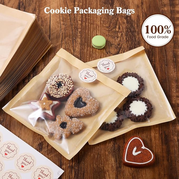 HONKID 100 Pack Cookie Packaging Bags With Seal Stickers, 5.7x6.5 Inch Food-Grade Bakery Bags With Window, Heat Sealable Paper Cookie Sleeves for Homemade, Cookies, Cakes, Brown, Donut