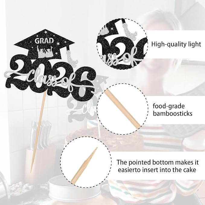 1 Pack Class of 2026 Cake Topper Glitter Congrats Grad Cap 2026 Graduation Cake Pick for 2026 Graduation Theme High School Graduate Party Cake Decorations Supplies Silver
