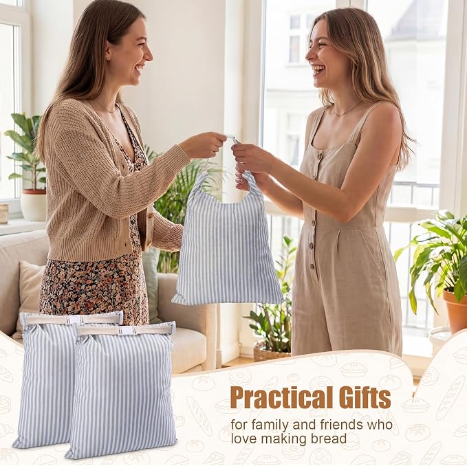 2 Pack Reusable Striped Bread Bags Set with Drawstring Cotton Linen Food Storage Bags for Homemade Bread & Sourdough 17"x 13" Lined Food Bag Cover Keep Loaves Fresh Longer(Blue Stripes)