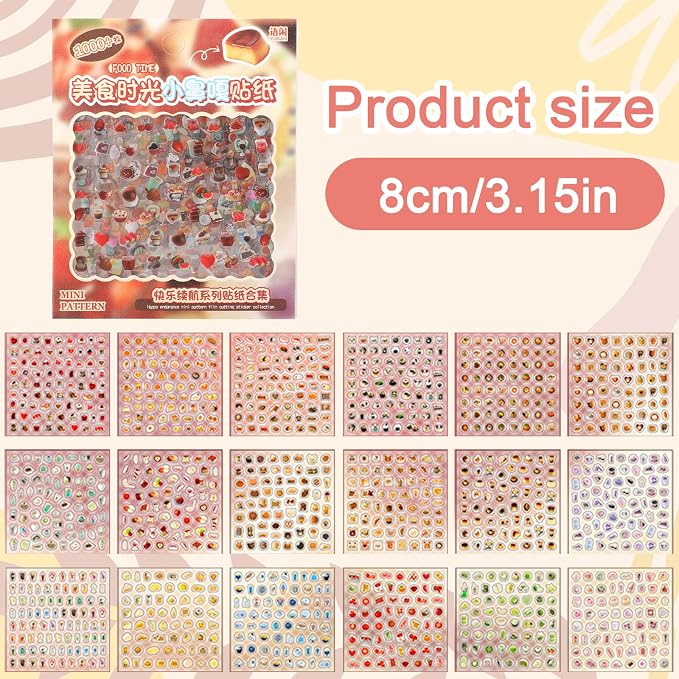 2000+ Cute Mini Sticker Pack, 36 Sheets Tiny Food & Snack Stickers,5mm Transparent Pet Stickers Including Fruits, Drinks, Desserts, Bread, Sushi and More for Journaling, Scrapbooking, DIY Decoration