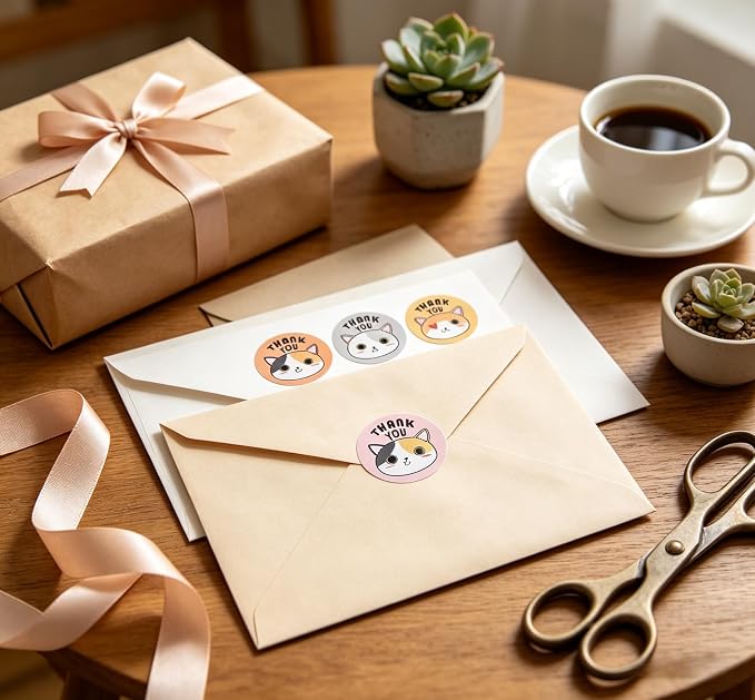 BLESS-VAST 500 PCS Thank You Stickers for Small Business - 1 Inch Cat Decal Envelope Seal 8 Designs Vibrant Colors Labels for Baking Packaging Gift Bags Wraps Crafts (Colorful Cat)