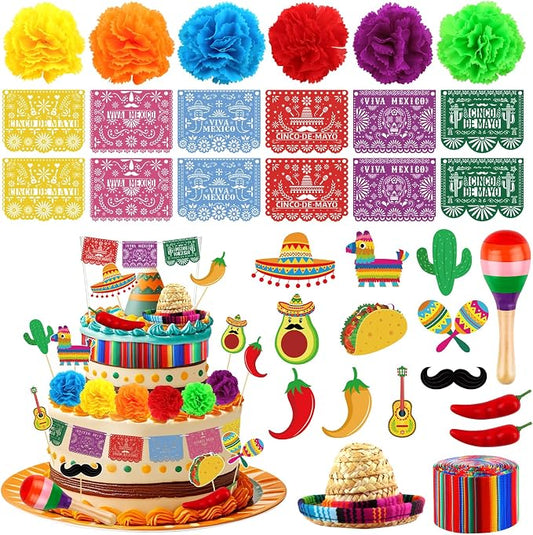 Hooqict 33Pcs for Fiesta Cake Decorations Set with Mini Papel Picado Banner, Serape Ribbon, Taco, Flower Mexican Cake Toppers & Cupcake Toppers for Cinco de Mayo Mexican Theme Party Decorations