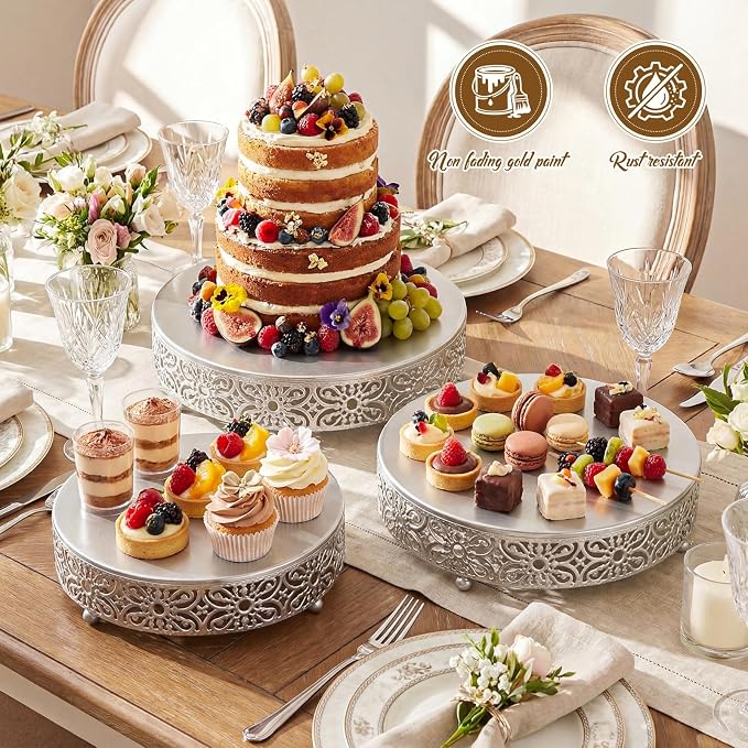 Wenqik 3 Pcs 16'' 14'' 12'' Metal Silver Cake Stand Round Cake Stands for Dessert Table Cookies Fruit Serving Tray Cupcake Dessert Pastry Riser for Wedding Birthday Party and Events