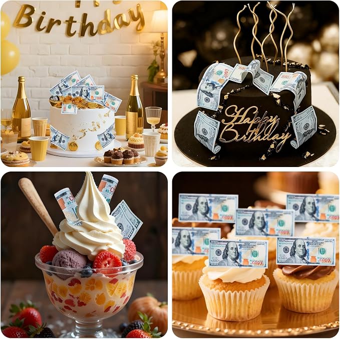 Morofme 30pcs Mini Edible 100 Dollar Bill Cake Cupcake Toppers Small Edible Money Cake Topper Edible Money Image Wafer Paper Cake Decorations Precut Fake Money for Birthday Party Supplies