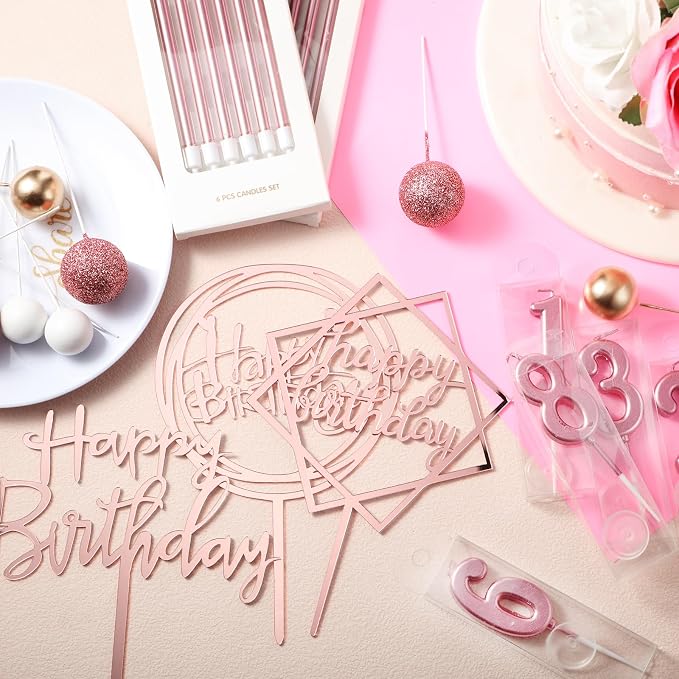 Yerliker 34 Pcs Happy Birthday Cake Toppers Decorations Birthday Candles DIY Cake Decor for Men Women Wedding Anniversary(Dusty Pink)