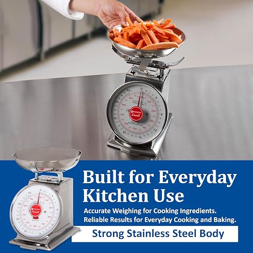 San Jamar Escali Promzr Mechanical Dial Scale with Bowl for Kitchens and Restaurants, Metal, 2 Pounds, Silver