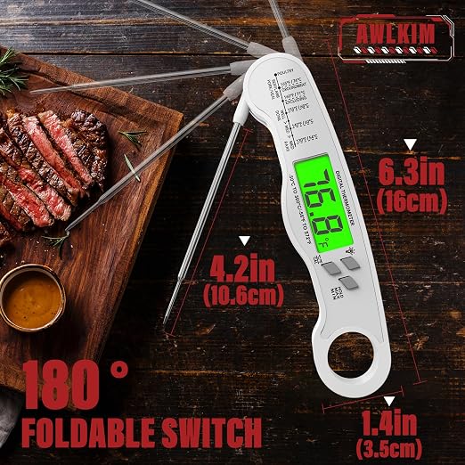 AWLKIM Digital Meat Thermometer, Instant Read Thermometer, White | Food thermometer for grill, BBQ, candy, oil and baking; backlit display, foldable probe and magnetic storage.