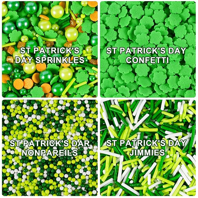 St. Patrick's Day Sprinkles Mix, 6.5oz - Green & White Jimmies, Nonpareils, Shamrocks for Cake Decorating, Cookie, Cupcake, Ice Cream Topper, St Patty's Day Baking Supplies