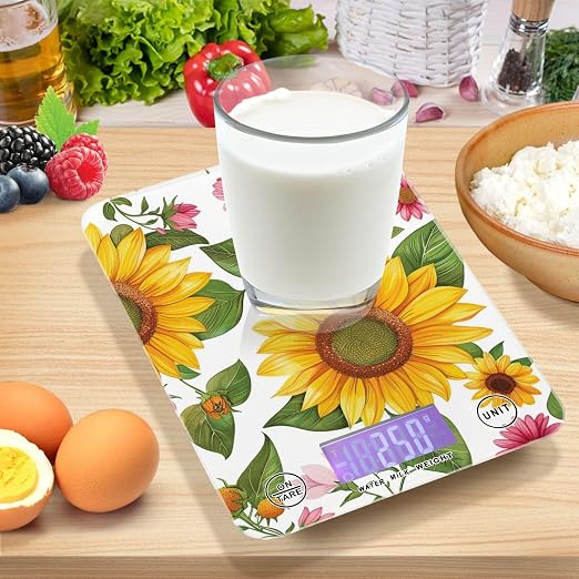 Food Scale Kitchen Digital Scale Food Ounces and Grams Dieting Baking Cooking Waterproof Glass Panels LCD Display,4 Units Scale Tare Function Sunflower White