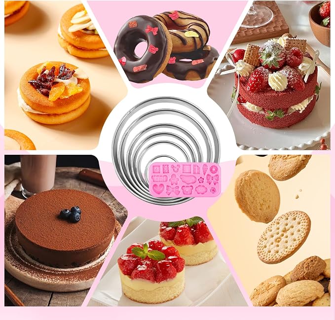 6 PCS Circle Cookie Cutter Set Donut Cutter Large Stainless Steel Round Cutters (2, 3, 3.5, 4, 5, 6 Inch) & Decorative Cookie Mold for Baking, Donuts, Biscuits, Sandwiches | Durable Easy to Clean