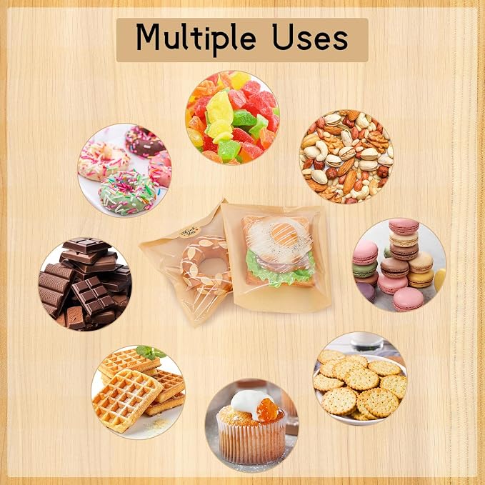 120 Pack Cookie Bags with Seal, 7.1x7.5 Inch Self Sealing Paper Bakery Bags with Window, Heat Sealable & Grease Resistant To Go Sleeves for Donuts Scone Brownie Snacks