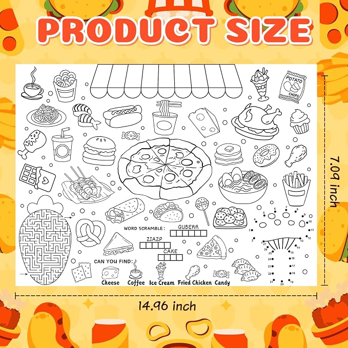 45pcs Food Disposable Coloring Placemats Yummy Foods Crafts for Kids Birthday Party Favors Coloring Poster Pizza Ice Cream Burger Donut Taco Activity Restaurant Church Supplies Paper Table Mats