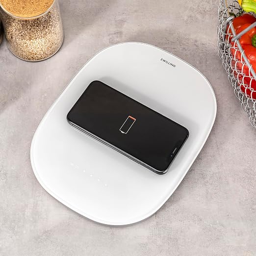ZWILLING Enfinigy 2-in-1 Digital Kitchen Food Scale, Wireless Charging Station, Max Weight 22lbs, Grams & Ounces, 0.1-gram Accuracy, White