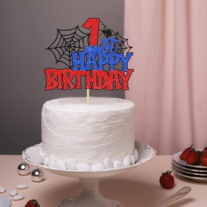 1 PCS Happy 1st Birthday Cake Topper Glitter Spider Web First Birthday Cake Pick Superhero Spider Party Decorations for Baby Shower Boys Girls 1st Birthday Party Cake Decorations Supplies