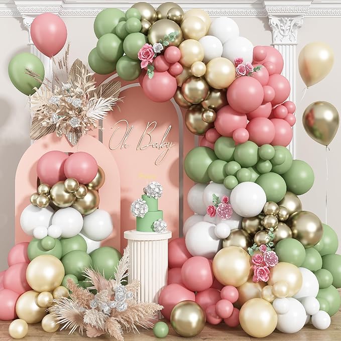 Pink and Green Balloon Arch Kit 127Pcs Sage Green Dusty Pink Gold Balloons Garland Boho Retro Blush Champagne Birthday Party Balloons for Girls Jungle Safari Woodland Baby Shower Wedding Decorations