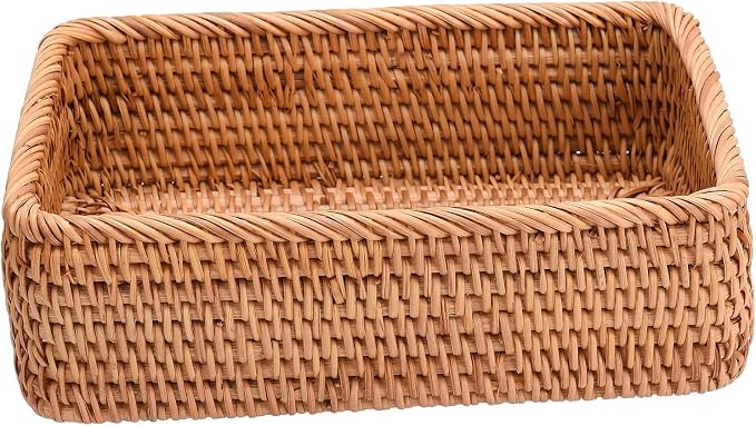 TITA-DONG Rattan Storage Baskets Rectangle Woven Bread Basket Rectangular Wicker Serving Organizer Tray Rattan Fruit Basket, Stackable Wicker Organizer for Kitchen Countertop Bathroom Living Room(S)