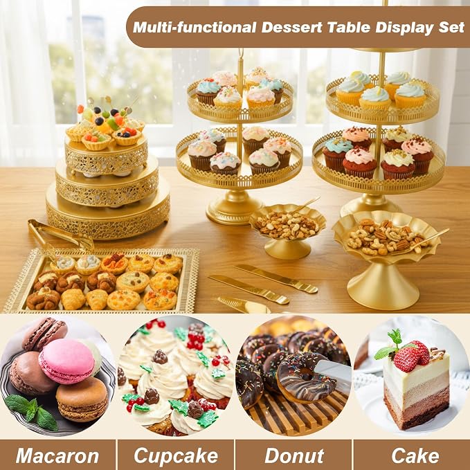 Wenqik 16 Pcs Gold Cake Stand Set Metal Dessert Display Set Tiered Cupcake Holder Square Serving Trays Round Tower Tray Platter for Wedding Birthday Party Celebration (Exquisite Style)