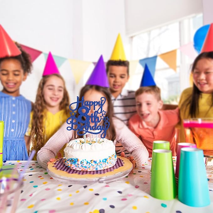 1 Pack Happy 8th Birthday Cake Topper Blue Glitter 8th Birthday Cheers to 8 Years Old Cake Pick for Celebrating Anniversary Party Cake Decorations Supplies