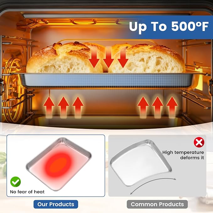 BIEAMA 12 Pack Stainless Steel Toaster Oven Baking Sheets, 9 x 7 in | Stainless steel pans with no chemical coating, mirror-polished finish and rolled edges; dishwasher safe, oven safe to 500°F.