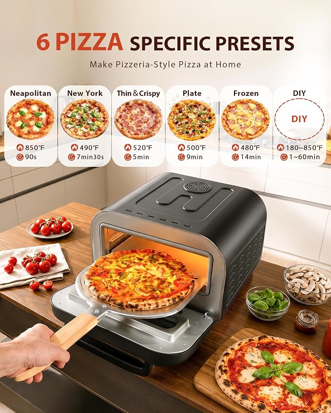 Countertop Electric Pizza Oven, 850°F, for Home Pizza Nights | 90-Second 12 Inch Pizza, PID Top & Bottom Temp Control, Dual Knobs for Time & Temp, Always-On Light