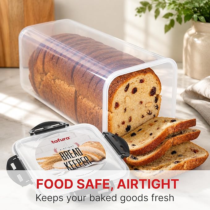 Tafura Bread Container - 5.8 Liter BPA Free Plastic Bread Box - Container/Holder for Homemade Loaves and Baked Goods with Black Airtight Lid