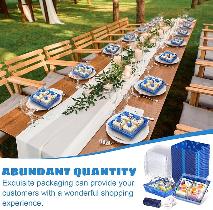 Outus 100 Pack Graduation Party Paper Food Containers Blue Charcuterie Boxes with Clear Lids, 5.7 x 5.1 '' Graduation Party Supplies Cake Take out Bakery Boxes with Gift Tags Rope for Desserts Cake