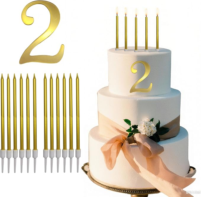 3.7IN Gold Acrylic Number 2 Cake Topper with 12 Gold Long Candles - Perfect for 2nd Birthday Party Supplies, Ideal for Cake Decoration