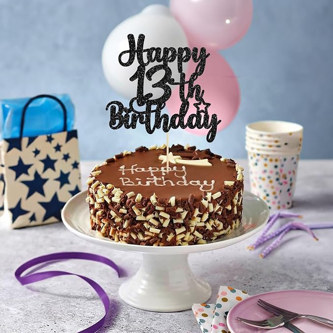 Gyufise 1Pc Happy 13th Birthday Cake Topper Glitter 13 & Fabulous Official Teenager 13 Birthday Cake Pick for Celebrating 13th Birthday Anniversary Party Cake Decorations Supplies Black
