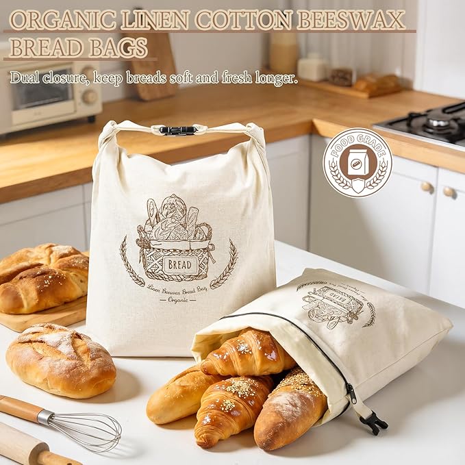 VIS'V Linen Cotton Beeswax Bread Bags with Zippper, 16.7 x 12.8 In, 2 Pcs | XL Size, Dual Seal, Reusable, Freezer Safe, Fits for Homemade Breads, Sourdough, Store Bought Breads